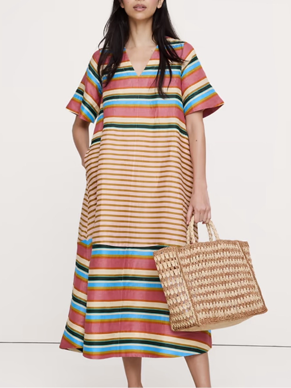Banana Republic Linen Trapeze Striped Midi Dress | XL NWT